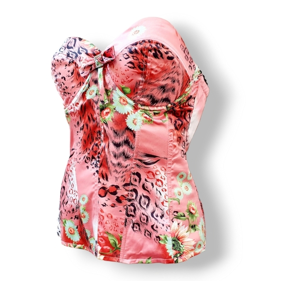 Pink corset top AU 12 green floral + black animal print Bow with diamonte buckle - Picture 3 of 6